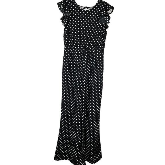 Sugar Lips Black & White Polka Dot Flitter Sleeve Open Back Jumpsuit Size Large - Picture 7 of 11